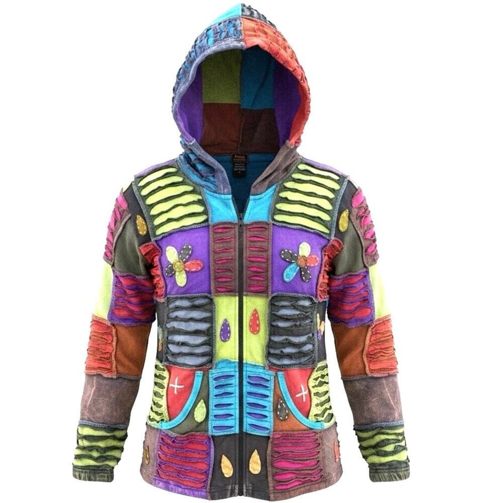 Rising International Patchwork Hoodie Full Zip Jacket Large Boho Hippie NWOT